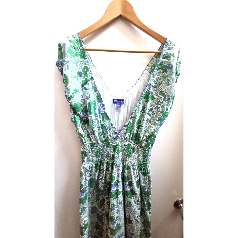 Anthropologie RO'S GARDEN XL Hilda Maxi Dress Green/White Smocked Waist Deep-V - Picture 4 of 10